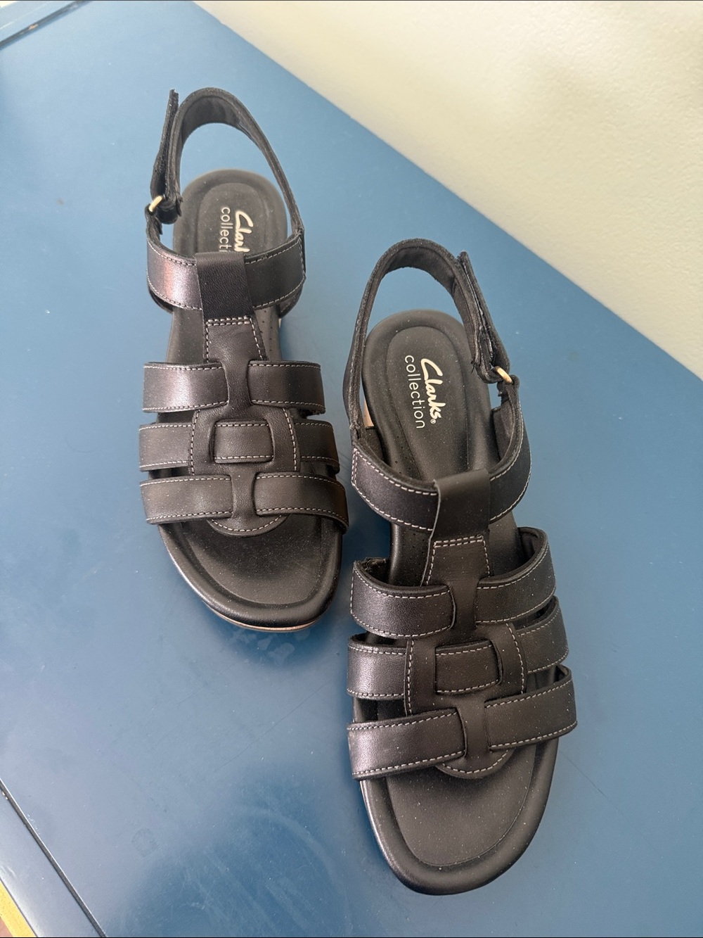 Clarks Black Leather Wedge Sandals